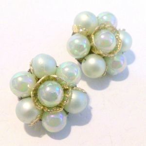 Vintage Mid Century Mint Green Bead Cluster Clip Earrings